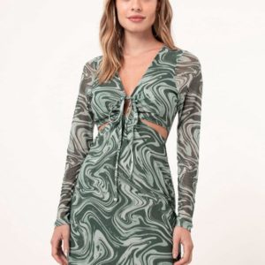 vestido curto de tule psicodélico cut out verde