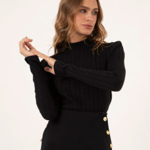 blusa canelada manga longa gola alta preto