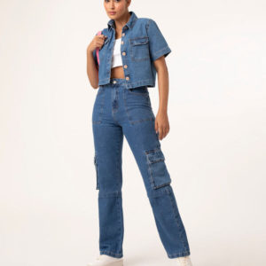calça reta jeans cargo azul médio
