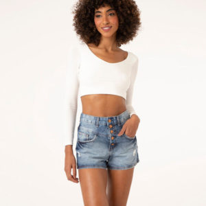 short vintage jeans com botões azul médio